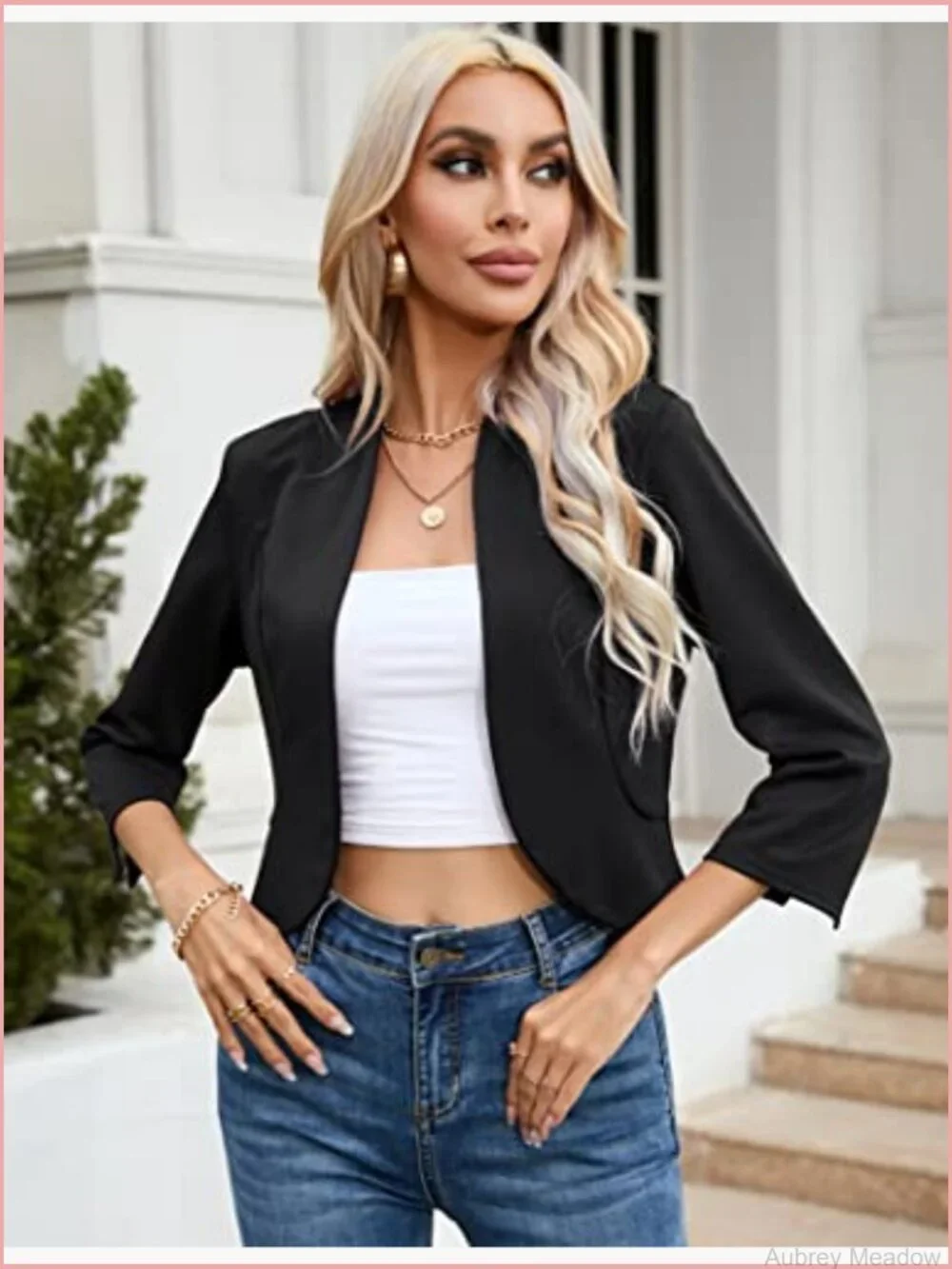Cropped Blazer 3/4 Sleeve Collarless Open Front Cardigan Work Jacket Shrug